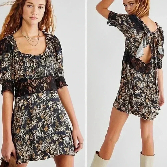 Free People Lucie Mini Dress in Black Combo With Lace Detail Size 8 - Picture 3 of 16